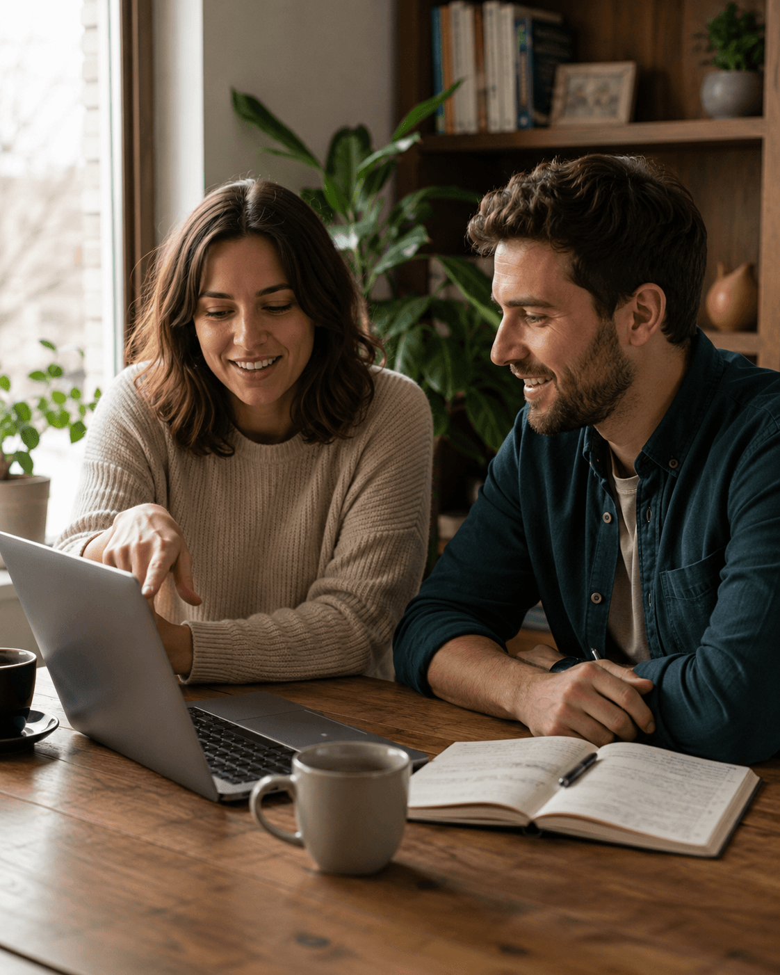 Zwei Personen sitzen gemeinsam am Tisch und besprechen etwas auf einem Laptop-Bildschirm
